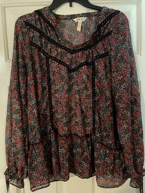 Matilda Jane Black Floral Peasant Blouse with Coral & Teal Accents XL